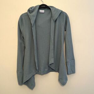 COLUMBIA Cotton Blend Waffleknit Hooded Asymmetrical Cardigan, Sage Blue- XS